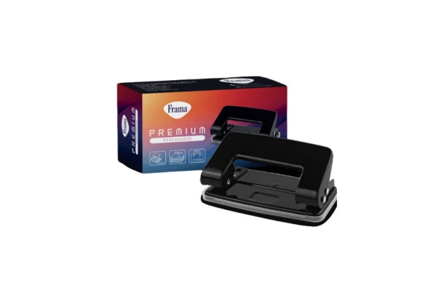 PERFURADOR DE PAPEL 2 FUROS 12 FOLHAS METAL PEQUENO PRETO | FRAMA