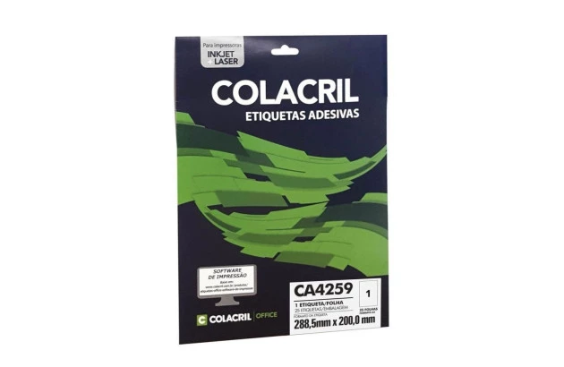 ETIQUETA ADESIVA A4 1 288,5X200MM 25 FOLHAS BRANCA - IMPRESSORA INJET OU LASER  | COLACRIL CA4259