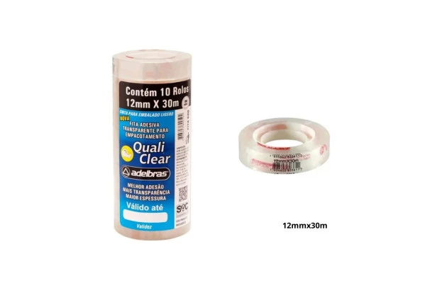 FITA DUREX ADESIVA TRANSPARENTE 12MM X 10M PEQUENO QUALICLEAR – BASE ÁGUA | ADELBRAS