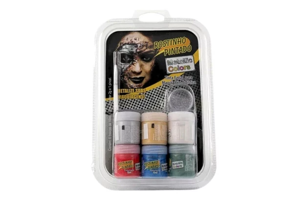 KIT TINTA FACIAL 6 CORES METALLIC COLORS 15ML E 1 GLITTER - ROSTINHO PINTADO 8020