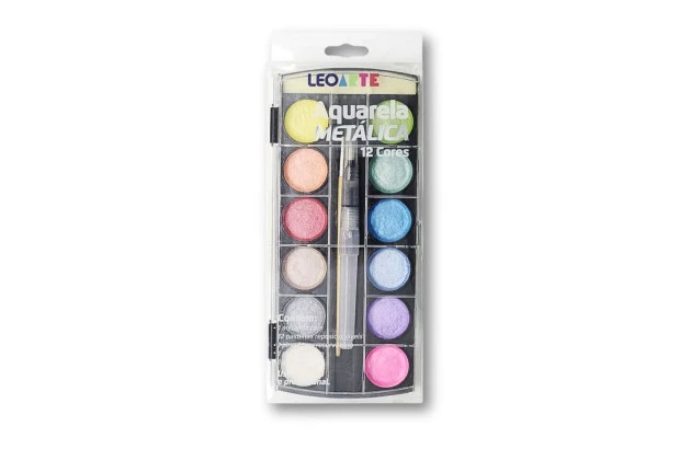 AQUARELA METÁLICA 12 CORES COM PINCEL RESERVATÓRIO LEOARTE - 72305