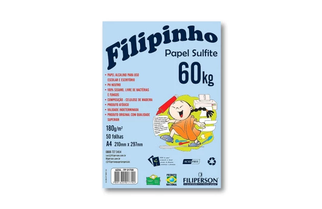 BLOCO DE PAPEL SULFITE A4 PESO 60KG 180G/M² AZUL 50FLS - FILIPERSON 1788