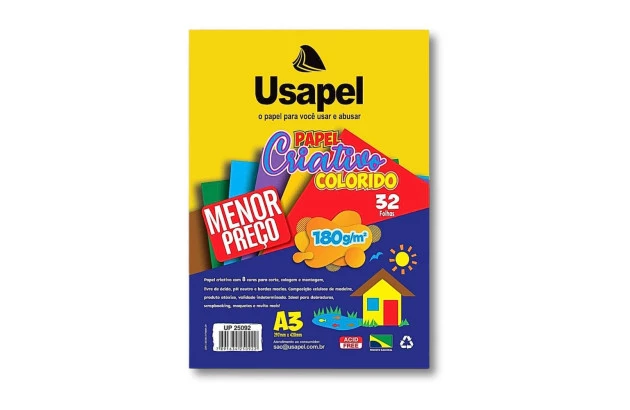 BLOCO DE PAPEL CRIATIVO COLORIDO A3 8 CORES 120G/M² 32 FOLHAS - USAPEL 25094