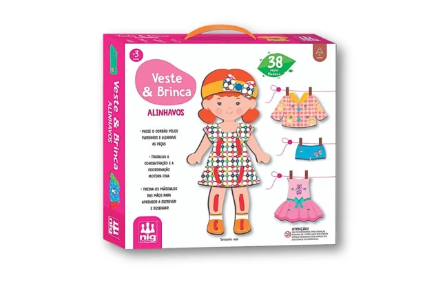 BRINQUEDO EDUCATIVO ALINHAVOS VESTE & BRINCA 38 PCS DE MADEIRA