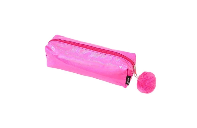 ESTOJO ESCOLAR PVC RETANGULAR GLITTER POMPOM ROSA 22X6X7CM
