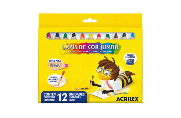 LÁPIS DE COR JUMBO 12 CORES COM APONTADOR 11MM ACRILEX 9621