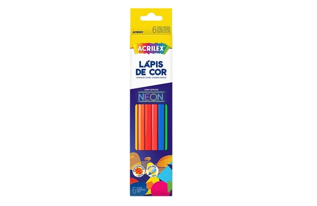LÁPIS DE COR 6 CORES NEON HEXAGONAL MINA 3MM EFEITO NEON ACRILEX 9646