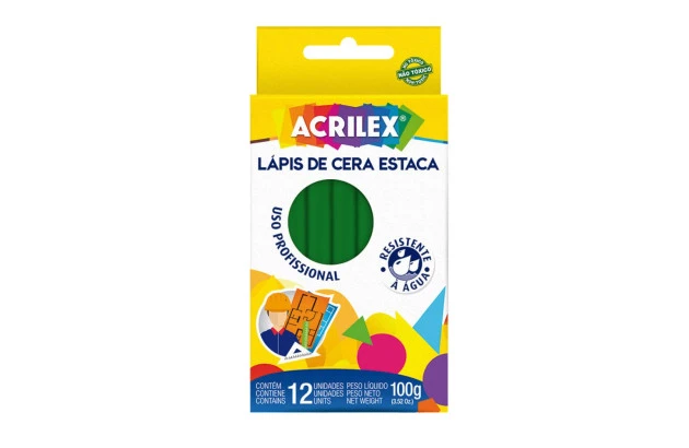 LÁPIS DE CERA ESTACA VERDE BANDEIRA 100G 12 UNIDADES ACRILEX 9110
