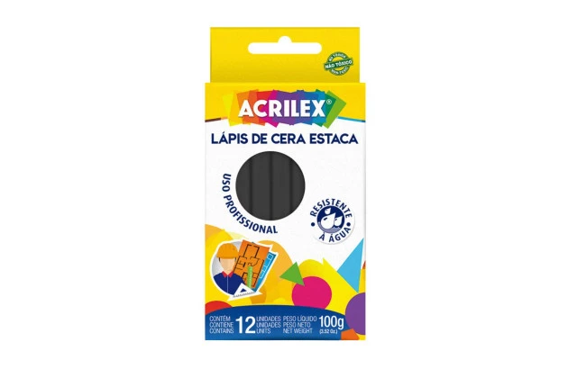 LÁPIS DE CERA ESTACA PRETO 100G 12 UNIDADES USO PROFISSIONAL ACRILEX