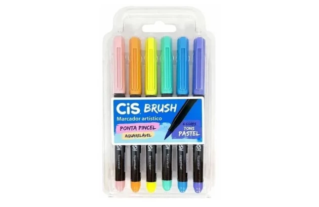 MARCADOR ARTÍSTICO BRUSH 6 CORES AQUARELÁVEL PASTEL CIS