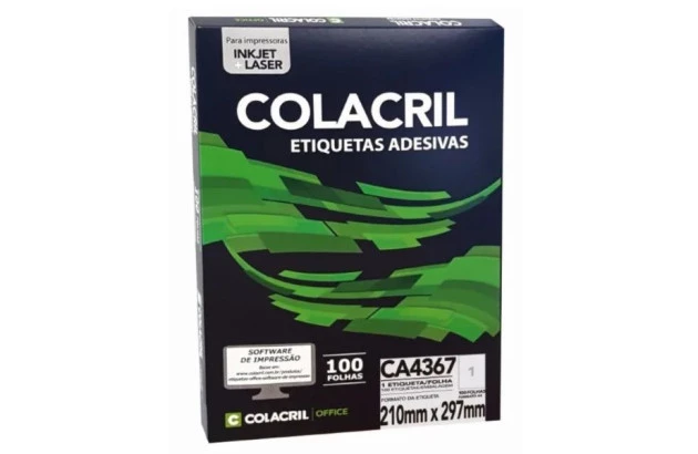 ETIQUETA ADESIVA A4 1 210X297MM 25 FOLHAS BRANCA - IMPRESSORA INJET OU LASER  | COLACRIL CA4267