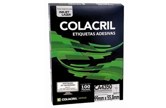 ETIQUETA ADESIVA A4 10 99X55,8MM 100 FOLHAS BRANCA - IMPRESSORA INJET OU LASER  | COLACRIL CA4350
