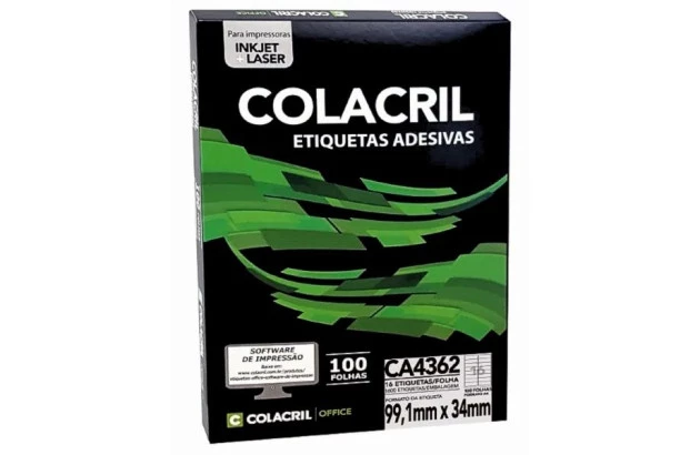 ETIQUETA ADESIVA A4 16 99,1X34,0MM 100 FOLHAS BRANCA - IMPRESSORA INJET OU LASER  | COLACRIL CA4362