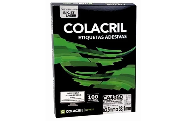ETIQUETA ADESIVA A4 21 63,5X38,1MM 100 FOLHAS BRANCA - IMPRESSORA INJET OU LASER  | COLACRIL CA4360