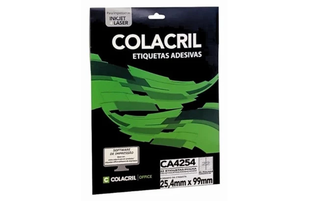 ETIQUETA ADESIVA A4 22 25,4X99MM 25 FOLHAS BRANCA - IMPRESSORA INJET OU LASER  | COLACRIL CA4254