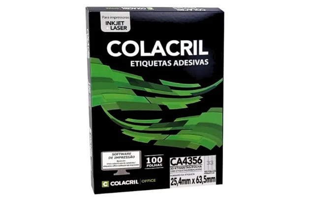 ETIQUETA ADESIVA A4 33 25,4X63,5 MM 100 FOLHAS BRANCA - IMPRESSORA INJET OU LASER  | COLACRIL CA4356