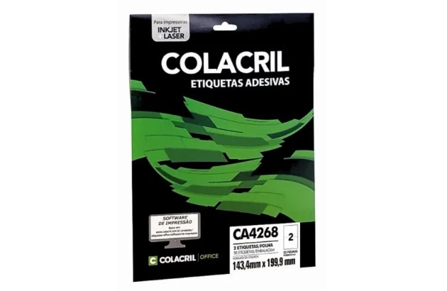 ETIQUETA ADESIVA A4 2 143,4X199,9 MM 25 FOLHAS BRANCA - IMPRESSORA INJET OU LASER  | COLACRIL CA4268