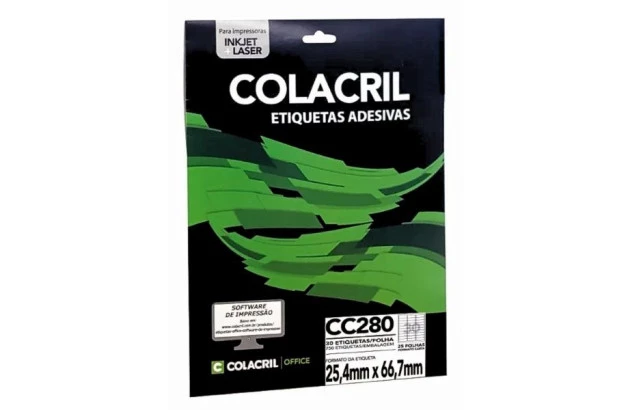 ETIQUETA ADESIVA CARTA 30 25,4X66,7 MM 25 FOLHAS BRANCA - IMPRESSORA INJET OU LASER | COLACRIL CC280