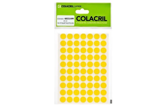 ETIQUETA ADESIVA MULTIUSO REDONDA N° 13MM AMARELA - 6 FOLHAS 420 ETIQUETAS | COLACRIL 6021AM