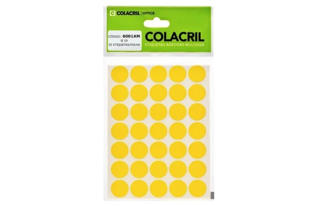 ETIQUETA ADESIVA MULTIUSO REDONDA N° 19 MM AMARELA - 6 FOLHAS 210 ETIQUETAS | COLACRIL 6001AM