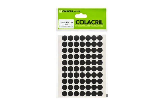 ETIQUETA ADESIVA MULTIUSO REDONDA N° 13MM PRETA - 6 FOLHAS 420 ETIQUETAS | COLACRIL 6021PR