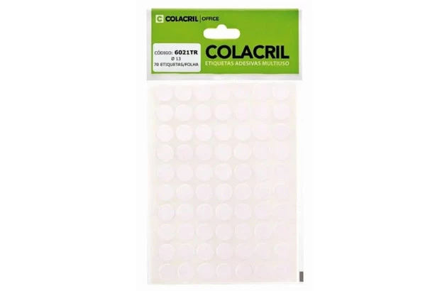 ETIQUETA ADESIVA MULTIUSO REDONDA N° 13MM TRANSPARENTE - 6 FOLHAS 420 ETIQUETAS | COLACRIL 6021TR