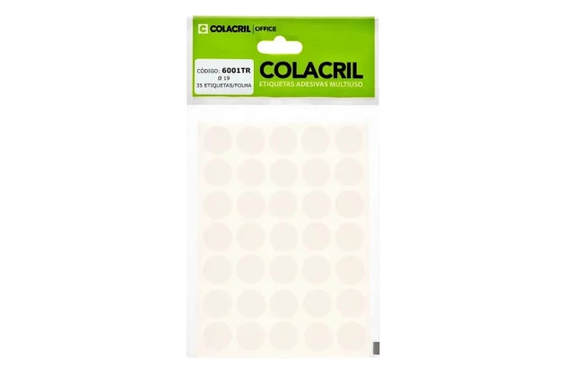 ETIQUETA ADESIVA MULTIUSO REDONDA N° 19 MM TRANSPARENTE - 6 FOLHAS 210 ETIQUETAS | COLACRIL 6001TR