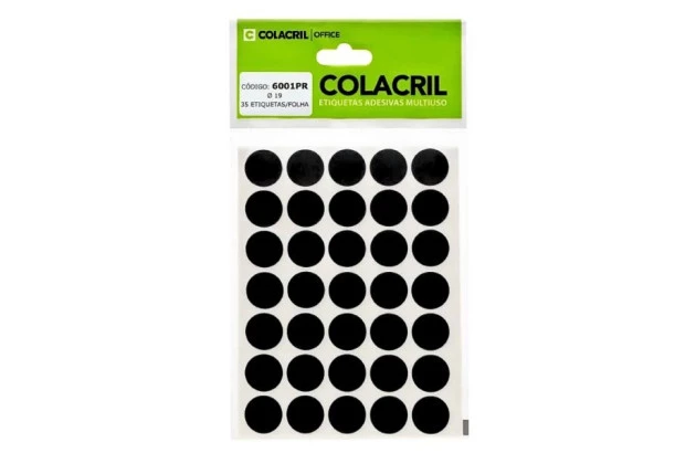 ETIQUETA ADESIVA MULTIUSO REDONDA N° 19 MM PRETA - 6 FOLHAS 210 ETIQUETAS | COLACRIL 6001PR