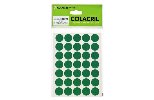 ETIQUETA ADESIVA MULTIUSO REDONDA N° 19 MM VERDE - 6 FOLHAS 210 ETIQUETAS | COLACRIL 6001VD