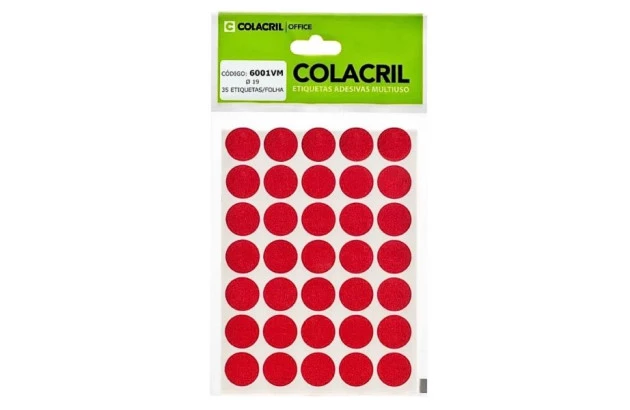 ETIQUETA ADESIVA MULTIUSO REDONDA N° 19 MM VERMELHA - 6 FOLHAS 210 ETIQUETAS | COLACRIL 6001VM