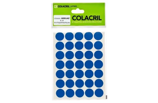 ETIQUETA ADESIVA MULTIUSO REDONDA N° 19 MM AZUL - 6 FOLHAS 210 ETIQUETAS | COLACRIL 6001AZ