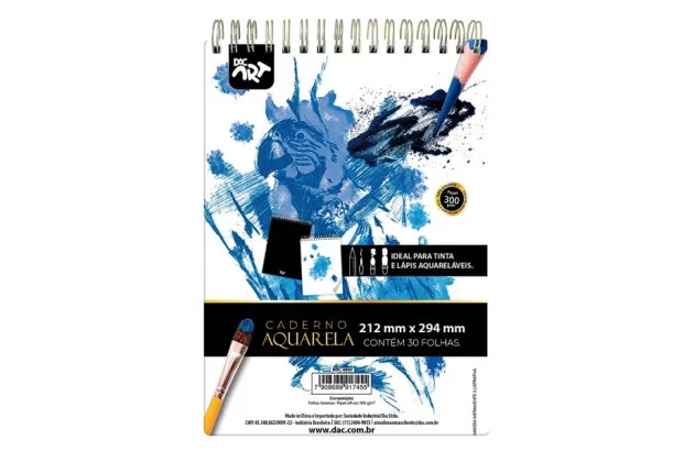 CADERNO PARA AQUARELA ESPIRAL CD 300G/M² 30 FOLHAS 212MMX294MM - TINTA E LÁPIS AQUARELÁVEIS | DAC