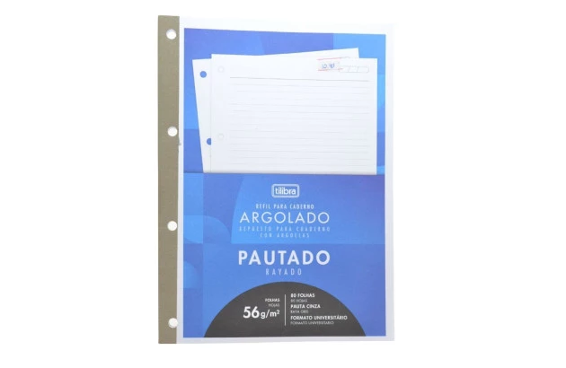 REFIL FOLHA PARA FICHARIO UNIVERSITÁRIO PAUTADO 4 FUROS 80 FOLHAS 56G/M² 200X275 TILIBRA