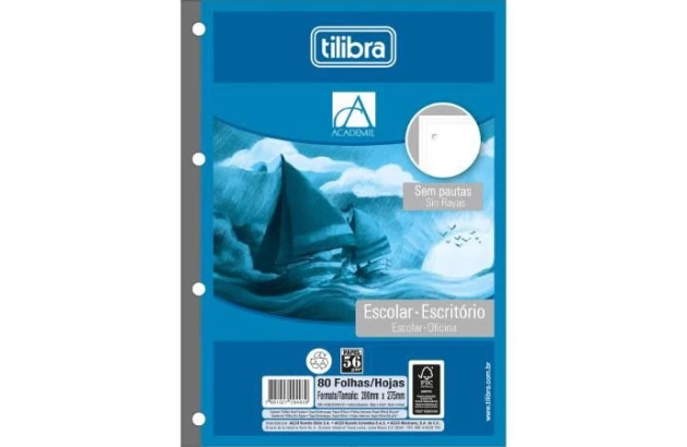 REFIL FOLHA PARA FICHARIO UNIVERSITÁRIO SEM PAUTA 4 FUROS 80FOLHAS 200X275 TILIBRA
