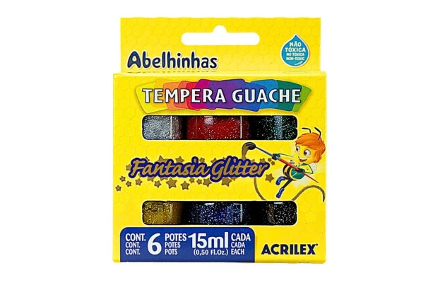 TINTA GUACHE 6 CORES GLITTER FANTASIA 15ML CADA POTE ACRILEX 2001
