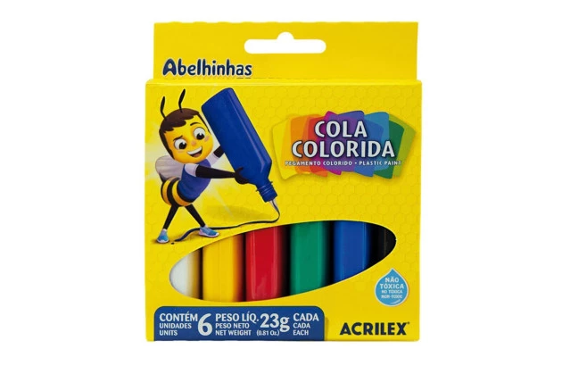 COLA COLORIDA 6 CORES 23G CADA TUBINHO - NÃO TÓXICO | ACRILEX ABELHINHA 2606
