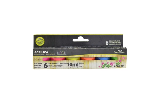 TINTA ACRILICA NEON 6 CORES 10ML CADA ACRILEX 3906