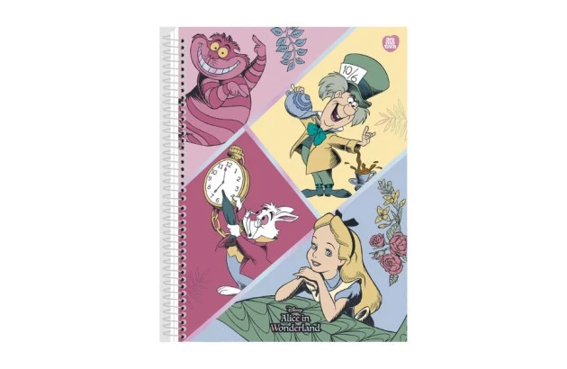 CADERNO CAPA DURA 1 MATERIAS 80 FOLHAS ALICE NO PAÍS DAS MARAVILHAS ANIMATIVA