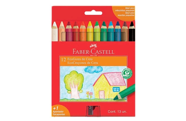 LÁPIS GIZ DE CERA ECOGIZES 12 CORES JUMBO COM APONTADOR FABER CASTELL