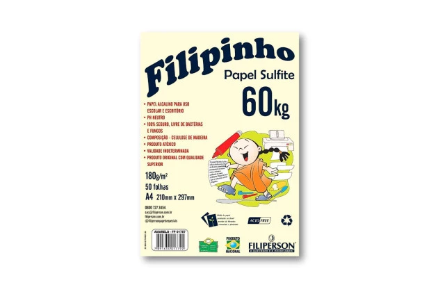 BLOCO DE PAPEL SULFITE A4 PESO 60KG 180G/M² AMARELO 50FLS - FILIPERSON 1787