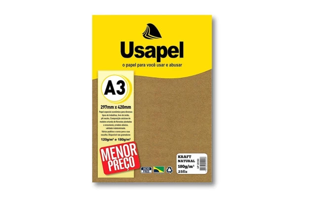 PAPEL KRAFT NATURAL A3 180G 25 FOLHAS - USAPEL 25100