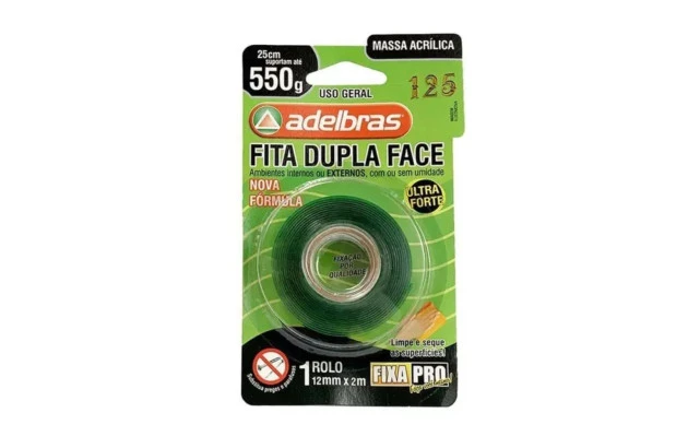 FITA DUPLA FACE MASSA ADESIVA ACRILICA 12MM X 2M 550G FIXA PRO 200 ADELBRAS