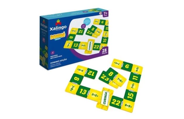 BRINQUEDO EDUCATIVO DOMINÓ ADIÇÃO 28 PEÇAS + 7 ANOS | XALINGO