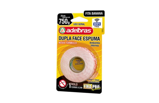 FITA BANANA DUPLA FACE ESPUMA 12MM X 2M 750G FIXA PRO 941 ADELBRAS