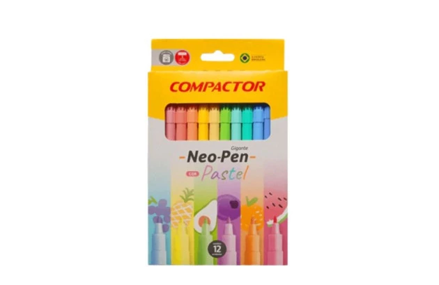 HIDROCOR 12 CORES PASTEL NEO-PEN GIGANTE PONTA MÉDIA LAVÁVEL - COMPACTOR