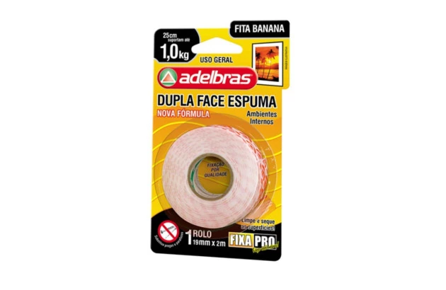 FITA BANANA DUPLA FACE ESPUMA 19MM X 2M 1KG FIXA PRO 941 ADELBRAS