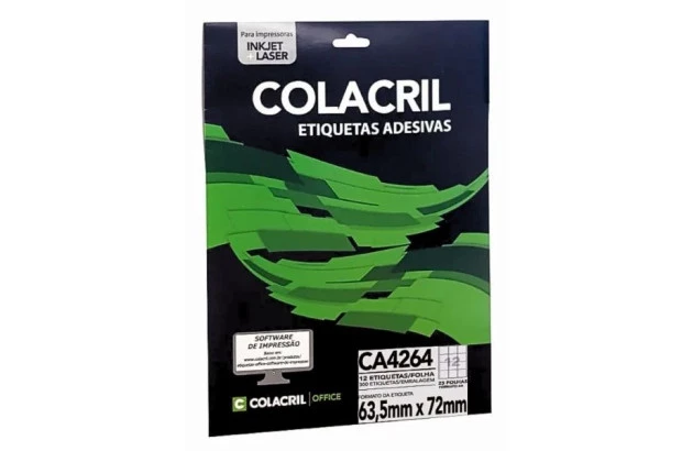 ETIQUETA ADESIVA A4 12 63,5X72MM 25 FOLHAS BRANCA - IMPRESSORA INJET OU LASER  | COLACRIL CA4264