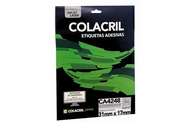 ETIQUETA ADESIVA A4 96 17X31 MM 25 FOLHAS BRANCA - IMPRESSORA INJET OU LASER  | COLACRIL CA4248