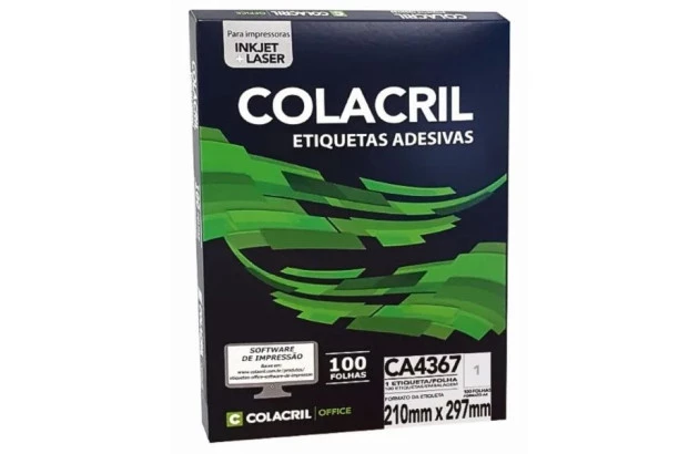 ETIQUETA ADESIVA A4 1 210X297MM 100 FOLHAS BRANCA - IMPRESSORA INJET OU LASER  | COLACRIL CA4367