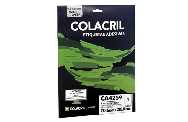 ETIQUETA ADESIVA A4 1 288,5X200MM 25 FOLHAS BRANCA - IMPRESSORA INJET OU LASER  | COLACRIL CA4259